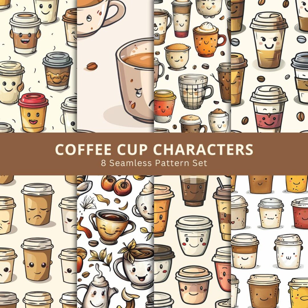 Coffee Cup Characters Pattern - Digital Paper Pack - 8 Jpegs 300dpi ...