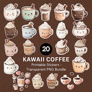 以下が含まれることがあります： 様々なコーヒーのイラストが描かれた、20個の可愛いコーヒーのステッカーセット。ラテやカプチーノなど、ホイップクリームやシナモンスティックが添えられています。ステッカーは可愛らしい顔をしており、背景は茶色です。「KAWAII COFFEE」の文字も含まれています。
