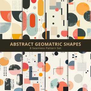 Puede incluir: Ocho patrones sin costuras con formas geométricas abstractas en varios colores, incluyendo naranja, rojo, azul y negro, sobre un fondo crema. Los patrones presentan círculos, óvalos y rectángulos. El texto dice "ABSTRACT GEOMETRIC SHAPES 8 Seamless Pattern Set."