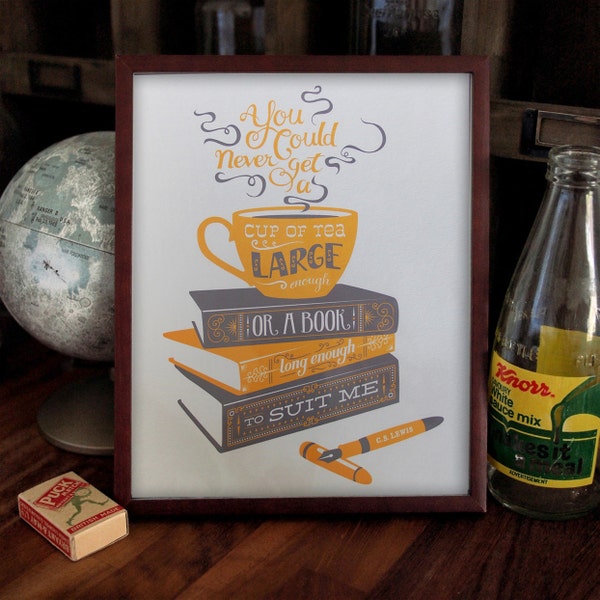 Tea and Books - CS Lewis quotation illustration print