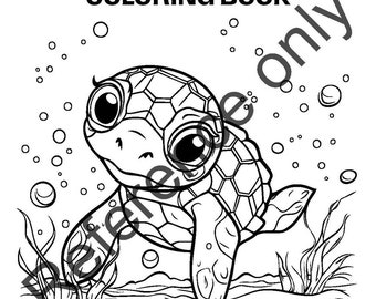 Pode incluir: Uma página para colorir em preto e branco com uma tartaruga de desenho animado com olhos grandes, nadando no oceano. A tartaruga está cercada por bolhas e algas marinhas. O texto "ANIMAL COLORING BOOK" está no topo da página.