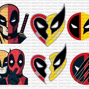 May include: Four different designs featuring the characters Wolverine and Deadpool. The designs include a heart shape with the text "Best Friends", a circle with the characters' faces, and a circle with Wolverine's claws scratching Deadpool's face.