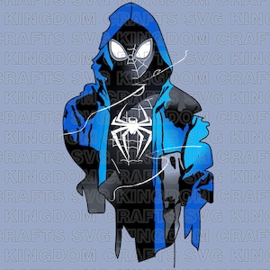 May include: A black and blue superhero illustration with a spider web design on the chest. The superhero is wearing a blue hooded jacket with a black and white spider web design on the chest.