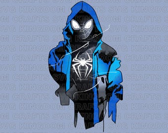 May include: A black and blue superhero illustration with a spider web design on the chest. The superhero is wearing a blue hooded jacket with a black and white spider web design on the chest.