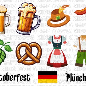 May include: A selection of Oktoberfest-themed illustrations. Features beer steins, a pretzel, a sausage on a fork, a traditional hat with a feather, a dirndl dress, and a traditional outfit. The words "Oktoberfest" and "München" are also displayed.