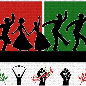 Op de afbeelding: Een digitale illustratie van een rood-groene vlag met een groep mensen die erop dansen. De vlag is in tweeën gedeeld, de bovenste helft is rood en de onderste helft is groen. De mensen zijn allemaal zwarte silhouetten en dansen in een cirkel. Onder de vlag bevinden zich vijf symbolen: een tak met groene bladeren, een persoon met opgeheven armen, een vuist met een rode cirkel eromheen, een vuist met een rode cirkel eromheen en een tak met rode bladeren.