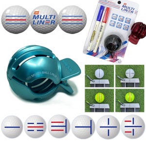May include: Golf accessories set including golf balls with blue and red lines, a teal ball liner, and a package of blue and red markers. The golf balls have the text "3D MULTI LINER".