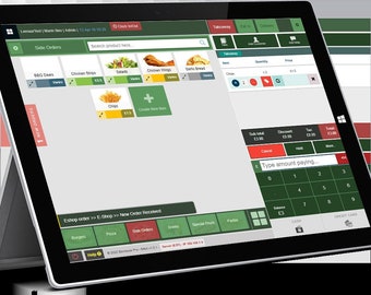 May include: A tablet computer screen displaying a point of sale system for a restaurant. The screen shows a menu with various food items, including chips, chicken strips, and salads. The system also displays a running total of the order, a calculator, and payment options.