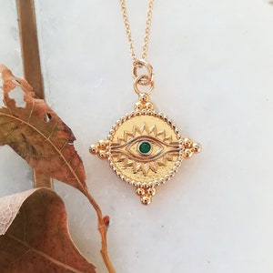 Cleo Necklace, Cleopatra Necklet, gold chain, emerald gem stone, stacking necklace, All Seeing Eye jewellery, modern jewellery image 2