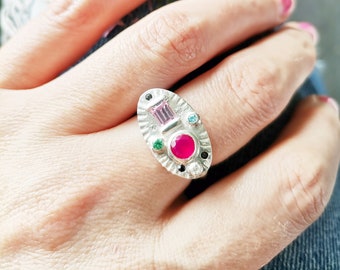 Maya Ring, Multi stone ring, Gem stone ring, Hand made, Highly decorated ring, bejewelled ring, cocktail ring, show stopper, Mayan ring