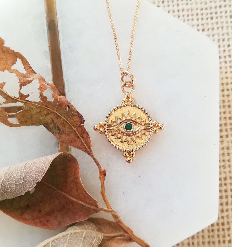 Cleo Necklace, Cleopatra Necklet, gold chain, emerald gem stone, stacking necklace, All Seeing Eye jewellery, modern jewellery image 2