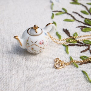 Gold Lattice Teapot Necklace, jubilee tea necklace, tea jewellery, ceramic jewellery, british inspired, tea party, afternoon tea, image 1