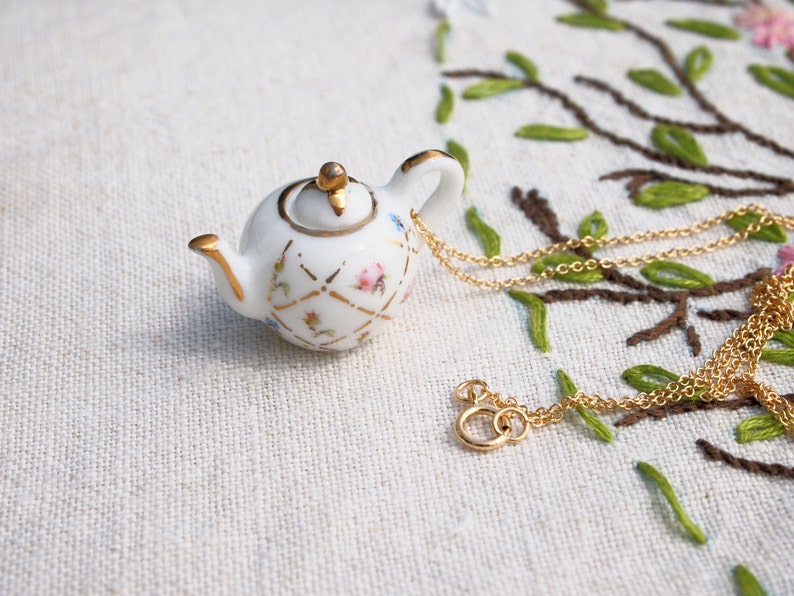 Gold Lattice Teapot Necklace, jubilee tea necklace, tea jewellery, ceramic jewellery, british inspired, tea party, afternoon tea, image 1