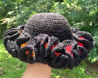 Peek A Boo Black Crochet Ruffle Hat