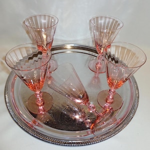 Vintage Glass Depression Glass Pink Fry17-6 Water Wine Goblets Glasses (5) - 8 ounces, optic, fry, ball stem, elegant glass, 1930s, deco