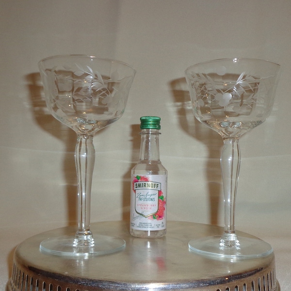 Vintage Glass  Optic Etched Floral MCM Nic & Nora Martini Cocktail Glasses (2)