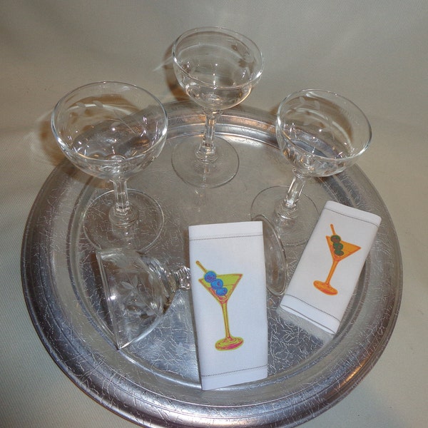 Vintage Glass Gray Cut Floral Rib Stem Nic and Nora Martini Cocktail Glasses (4) - 3 ounces