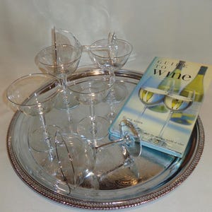 Vintage Glass Platinum Silver Rim Floral Etched Champagne Coupe Cocktail Glasses (6) - 6 ounces, bar cart styling, sparkling wine, elegant