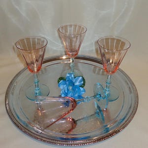 Vintage Glass Optic Morgantown Fondale Water Wine Goblet Cocktail Glasses (4) - 8 ounces - uranium glass, elegant glass, pink, blue