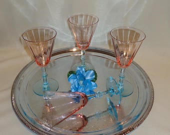 Vintage Glass Optic Morgantown Fondale Water Wine Goblet Cocktail Glasses (4) - 8 ounces - uranium glass, elegant glass, pink, blue