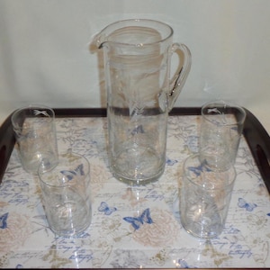 Vintage Glass Etched Floral Beverage Set - tumblers, pitcher, elegant, flower, summer, patio, entertaining, lemonade, cocktails, ice tea