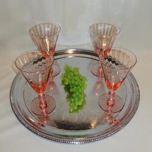 Vintage Glass Depression Glass Pink Fry17-6 Water Wine Goblets Glasses (4) - 8 ounces, optic, fry, ball stem, elegant glass, 1930s, deco