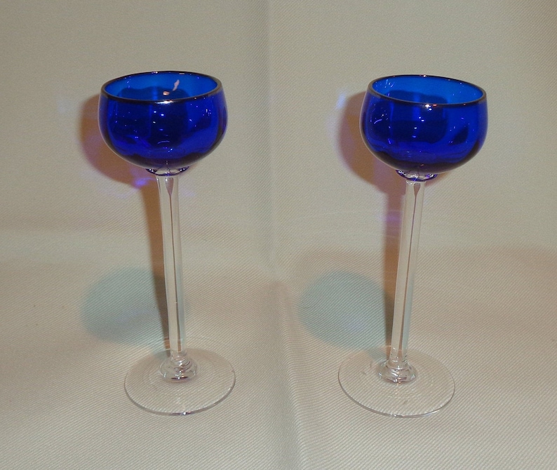 4 Vintage Hand Blown Optic Blue and Aqua Cordial Cocktail Glasses