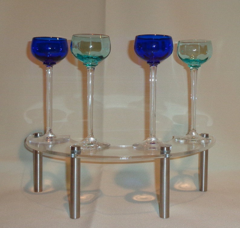 4 Vintage Hand Blown Optic Blue and Aqua Cordial Cocktail Glasses