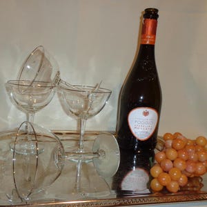 Vintage Glass Platinum Silver Rim Floral Etched Champagne Coupe Cocktail Glasses (4) - 6 ounces, bar cart styling, sparkling wine, elegant