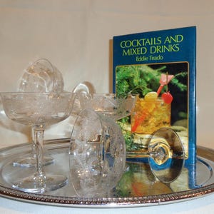 Vintage Glass Antiques Fostoria Florid Champagne Cocktail Glasses - 5 ounces - floral etched, optic, long stem, fern leaves, 1920s, bar cart