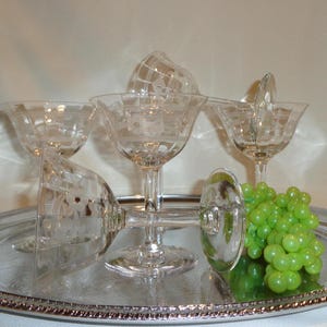 Vintage Glass Etched Floral and Band Optic Champagne Coupe Cocktail Glasses (6) - 4 ounces - 1930, gift, bar cart styling, depression era