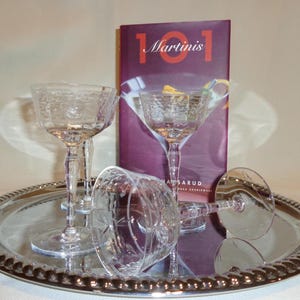 Vintage Glass Floral Cut Long Stem Martini Cocktail Glasses (4) - 3 ounces - optic, etched, footed, nick and nora, etched stem, bar cart