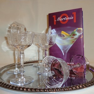 Vintage Glass Floral Cut Long Stem Martini Cocktail Glasses (6) - 3 ounces - optic, etched, footed, nick and nora, etched stem, bar cart