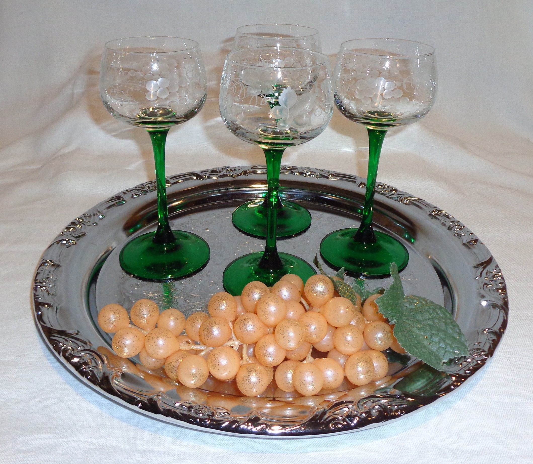 Set of 4, Etched Grapes Cluster Iced Tea Glasses, 16 Ounces