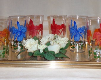 Vintage Glass  Colored Iris Flower Highball Drinking Glasses (6)