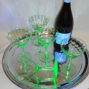 Vintage Glass Depression Glass Green Champagne Cocktail Glasses (5) - 5 ounces, optic, green, uranium glass, summer, bar cart styling
