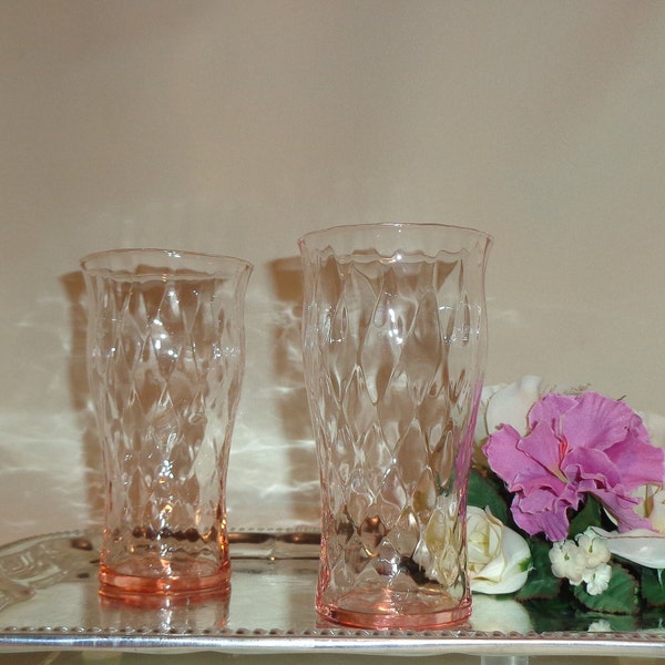 Vintage Glass  Quilted Diamond Optic Pink Depression Glass Drinking Glasses Tumblers (2)