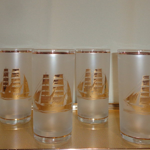 Vintage Glass Culver Frosted Clipper Ships Highball Cocktail Glasses (4) - 12 ounces