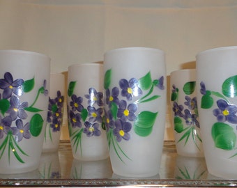 Vintage Glass Hand Painted Violets Frosted Drinking Highball Cocktail Glasses (7) - 10 ounces