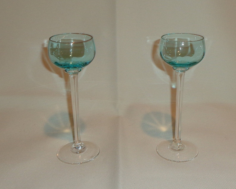 4 Vintage Hand Blown Optic Blue and Aqua Cordial Cocktail Glasses