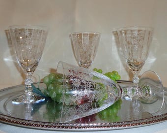 Vintage Glass Etched Fostoria Chintz Small Water Wine Glasses (4) - 8 ounces -  3 sets of 4 available ball stem, blown, footed, ice tea