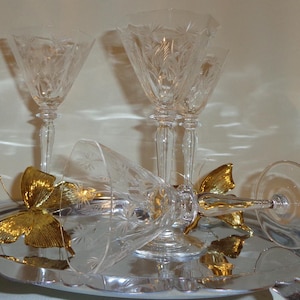 Vintage Glass Floral Etched Cut Octagon Cordial Martini Cocktail Glasses - (4) - 3 ounces, panel, long stem, 1920s, gift, bar cart, elegant