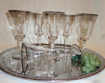 Vintage Glas Silber Streifen Wasser Wein Cocktail Gläser - (6) 1940, Optik, einzigartig, Kelch, elegant, Hochzeit, Platin, Antiquitäten