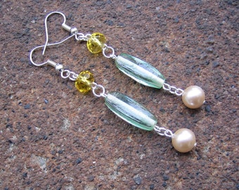Eco-Friendly Dangle Earrings - Younger Than Springtime - Recycled Vintage Pale Green Glass Beads, Yellow Crystals with Creamy White Pearls
