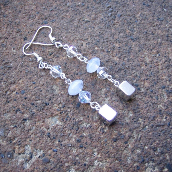 Eco-Friendly Dangle Earrings - Permission to Shine - Recycled Vintage Clear Crystals, Frosted White Saucer Beads & Silvertone Metal Cubes