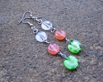 Eco-Friendly Dangle Earrings (Pierced) - Spring Blossoms - Trios of Delicate Recycled Vintage Flat Glass Coin Beads in White, Green & Melon