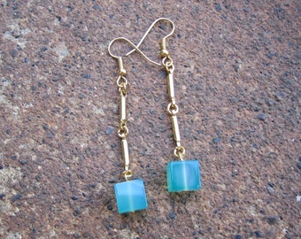 Eco-Friendly Dangle Earrings (Pierced Ears) - Back to Square One - Recycled, Vintage, Goldtone Metal Bar Findings & Green Glass Cube Beads