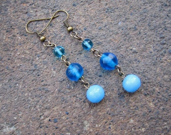 Eco-Friendly Dangle Earrings for Pierced Ears - Tropical Waters - Trios of Recycled Vintage Glass Beads in Bright Blue