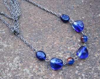 Eco-Friendly Statement Necklace - A Bit Out of My Depth - Recycled Vintage Silvertone Metal Rope Chain, Sapphire & Cobalt Blue Glass Beads