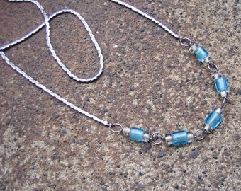 Eco-Friendly Slip-On Necklace - Sea Change - Recycled Vintage Delicate Silvertone Metal Snake Chain, Trios of Glass Beads in Clear and Aqua